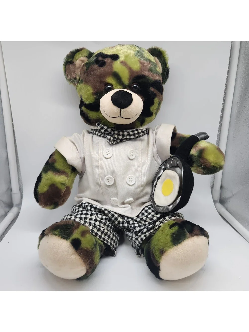 Build-A-Bear Camo Teddy Bear Chef Outfit Plush Frying Pan Fried Egg Stuffed